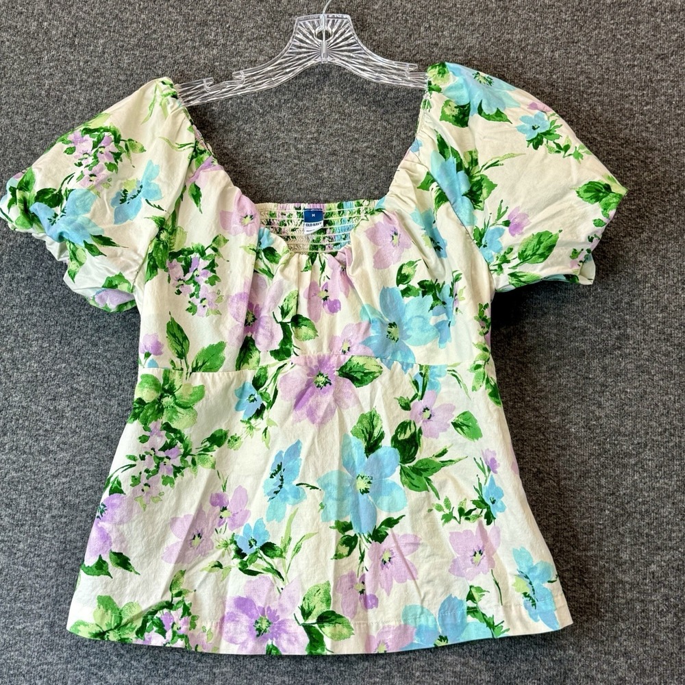Old Navy Floral Smocked Milkmaid Babydoll Top Sz Medium Y2K Puff Sleeve Cotton